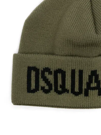 Dsquared2 Knitted Green Hat With Bold Black Lettering