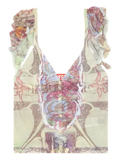 Diesel Ruffle-shoulder Knit Top With Medieval Print