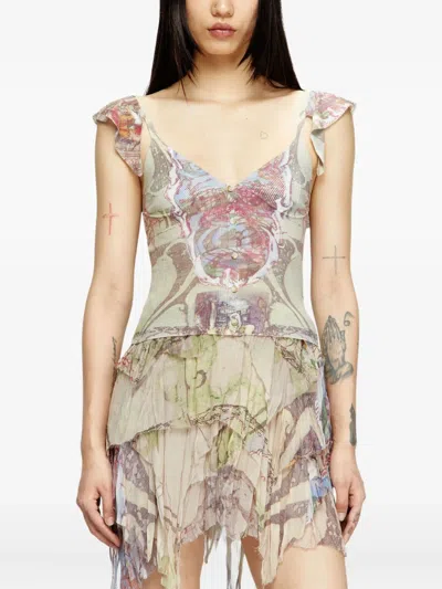 Diesel Ruffle-shoulder Knit Top With Medieval Print