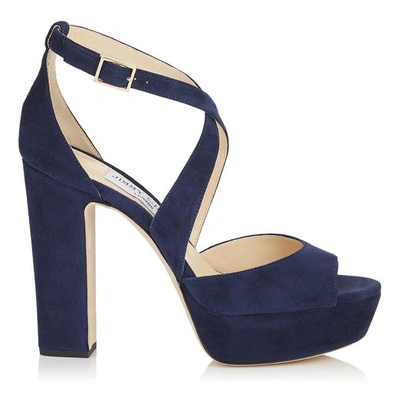 Shop Jimmy Choo April 120 Navy Suede Platform Sandals