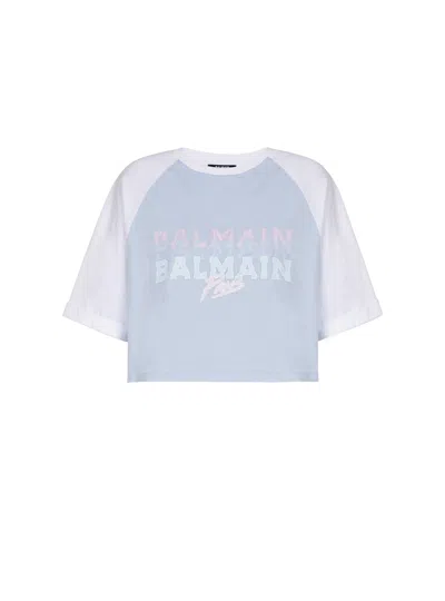 Balmain Paris Print Crew Neck Cropped T-shirt In Blue