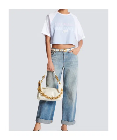 Balmain Paris Print Crew Neck Cropped T-shirt In Blue