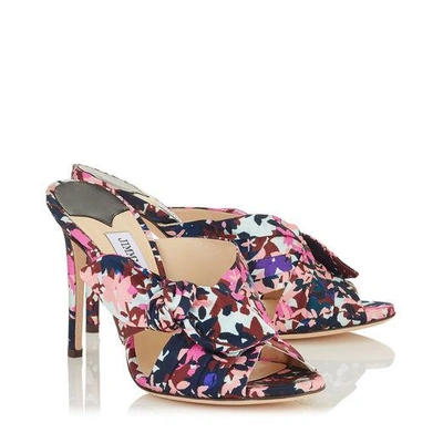 Shop Jimmy Choo Keely 100 Dahlia And Brown Camoflower Print Satin Mules In Dahlia/brown