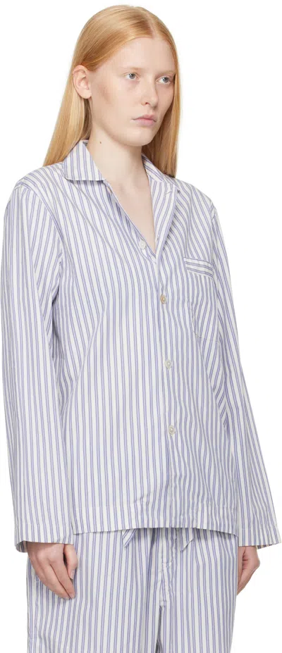Tekla White & Blue Poplin Long-sleeved Pyjama Shirt In White
