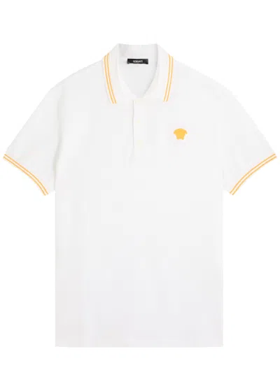 Versace White Polo Shirt With Classic Collar And Medusa Embroidery On The Front In Neutral