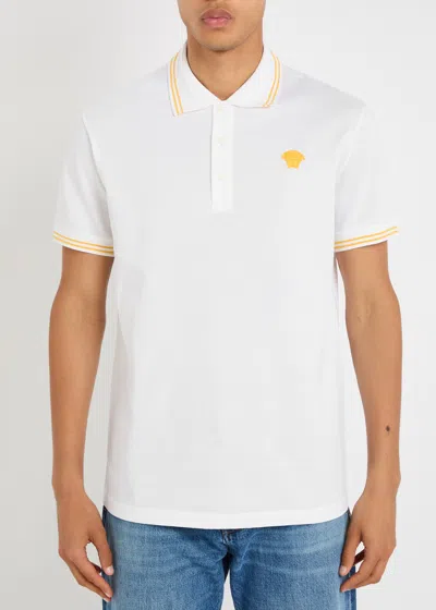 Versace White Polo Shirt With Classic Collar And Medusa Embroidery On The Front In Neutral