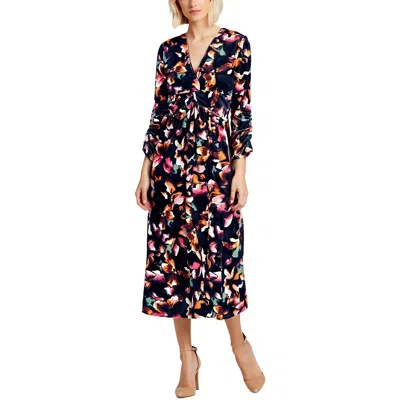 Harlow & Rose Petites Womens Floral Print Velvet Midi Dress