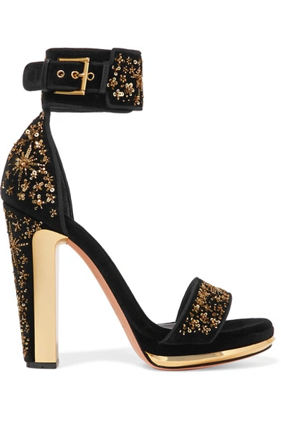 Shop Alexander Mcqueen Embellished Velvet Platform Sandals