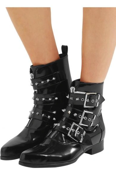 Shop Alexander Mcqueen Studded Glossed-leather Ankle Boots