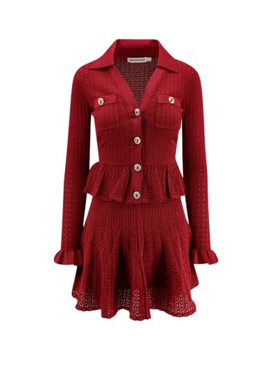 Self-portrait Burgundy Mini Dress With V-neck And Flared Hem In Red