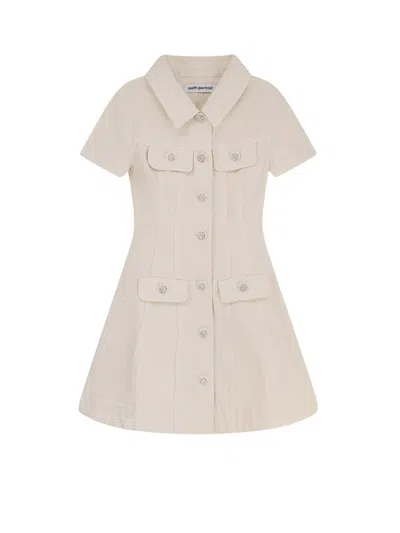 Self-portrait Structured Beige Dress With Classic Collar And Flap Pockets In Neutral