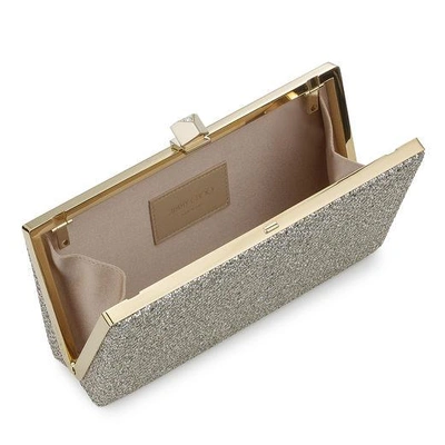Shop Jimmy Choo Celeste/s Champagne Glitter Fabric Clutch Bag With Cube Clasp