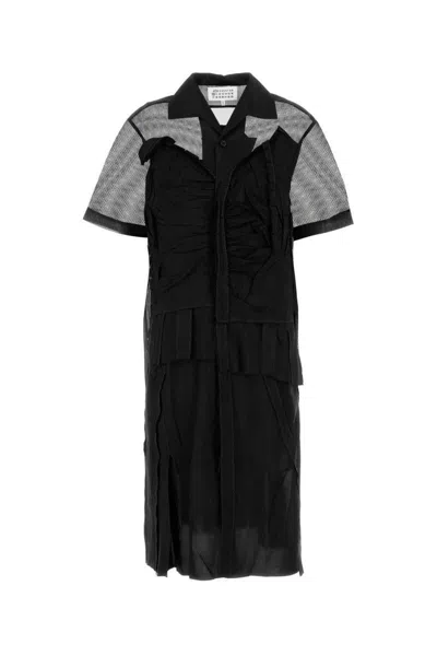Maison Margiela Womens Mesh-panels Short-sleeves Woven Midi Dress Black And Black