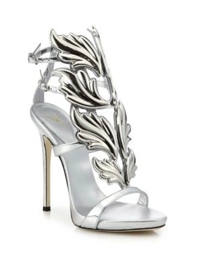 Shop Giuseppe Zanotti Coline Winged Metallic Leather Sandals In Argento