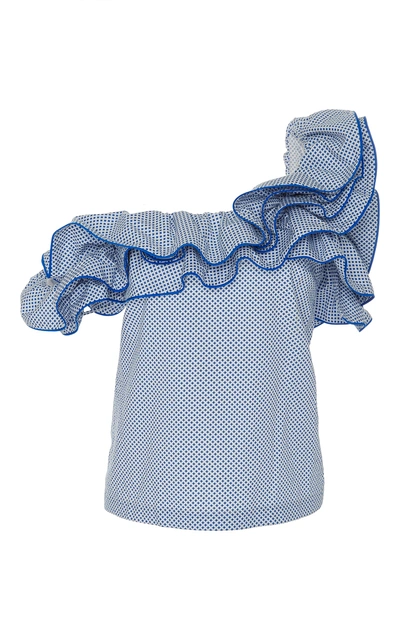 Rosie Assoulin 'bearded Iris' Diamond Print Ruffle One-shoulder Top In Blue Print