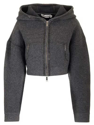 Self-portrait Womens Grey Embellished Cropped Knit Hoody