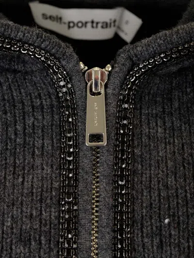 Self-portrait Womens Grey Embellished Cropped Knit Hoody