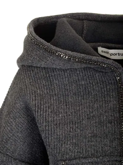 Self-portrait Womens Grey Embellished Cropped Knit Hoody