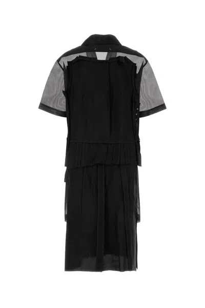 Maison Margiela Womens Mesh-panels Short-sleeves Woven Midi Dress Black And Black