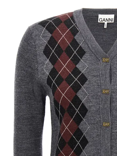 Ganni Argyle Cardigan Sweaters And Cardigans Gray In Gray