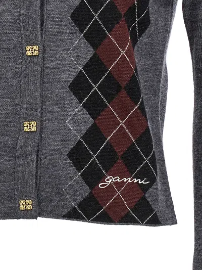 Ganni Argyle Cardigan Sweaters And Cardigans Gray In Gray