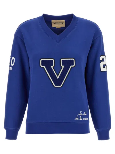 Valentino Blue Sweatshirt With V And Le Chat De La Maison Embroidery