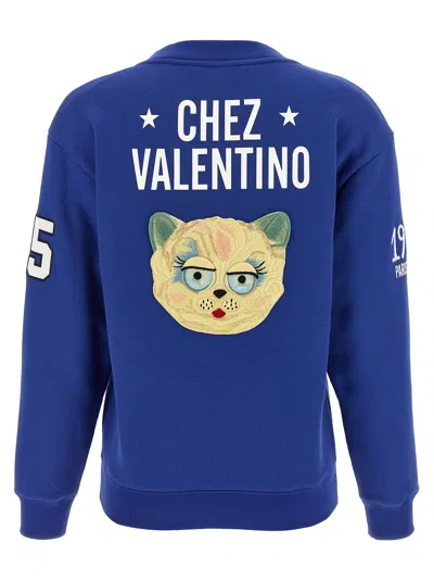 Valentino Blue Sweatshirt With V And Le Chat De La Maison Embroidery
