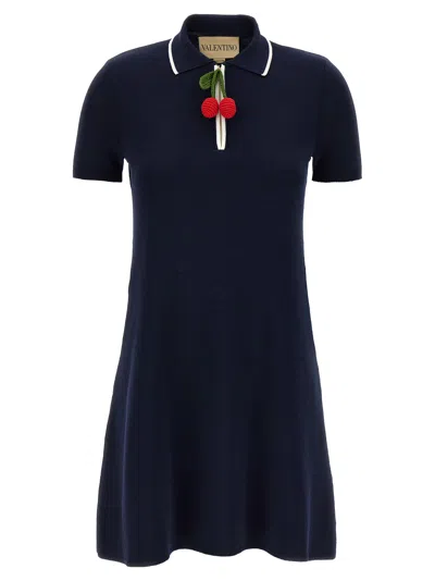 Valentino Crochet Cherry Short-sleeve Polo Mini Dress In Blue