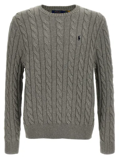 Polo Ralph Lauren Grey Crewneck Sweater With Pony Embroidery On The Front And Woven Knit In Cotton Man In Gray