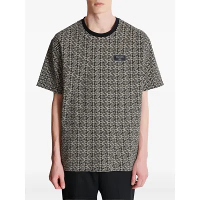 Balmain Grey T-shirt With Logo Applied On The Chest And All-over Labyrinth Motif In Cotton Man