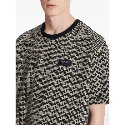 Balmain Grey T-shirt With Logo Applied On The Chest And All-over Labyrinth Motif In Cotton Man