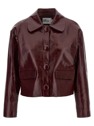 Self-portrait Womens Peter Pan Collar Boxy-fit Faux-leather Jacket Burgundy In Brown