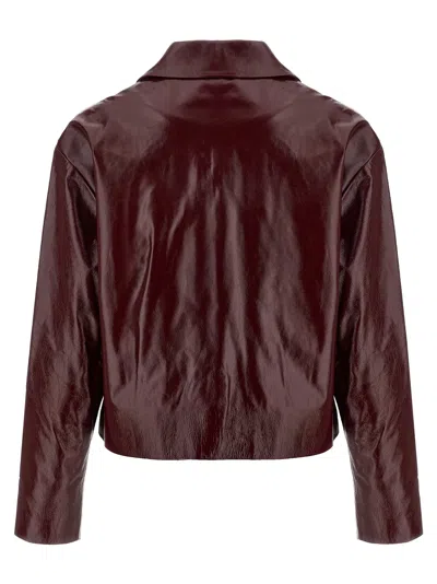 Self-portrait Womens Peter Pan Collar Boxy-fit Faux-leather Jacket Burgundy In Brown