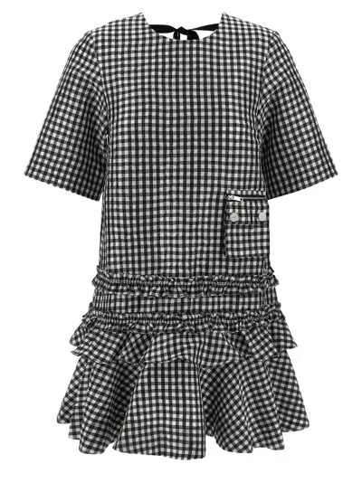 Ganni Black & White Crinkled Check Mini Dress
