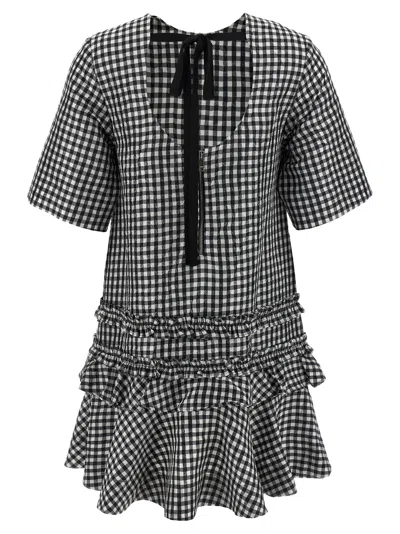 Ganni Black & White Crinkled Check Mini Dress