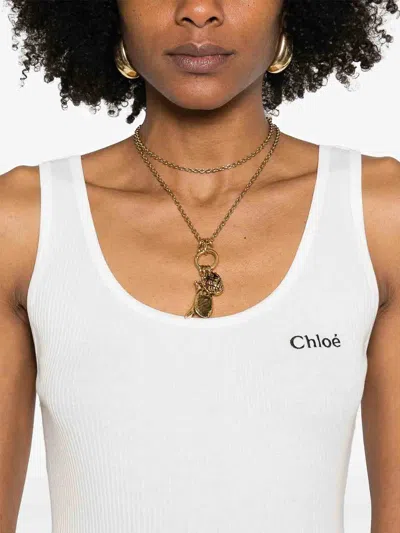 Chloé Logo Ribbed Cotton Jersey Tank Top In White