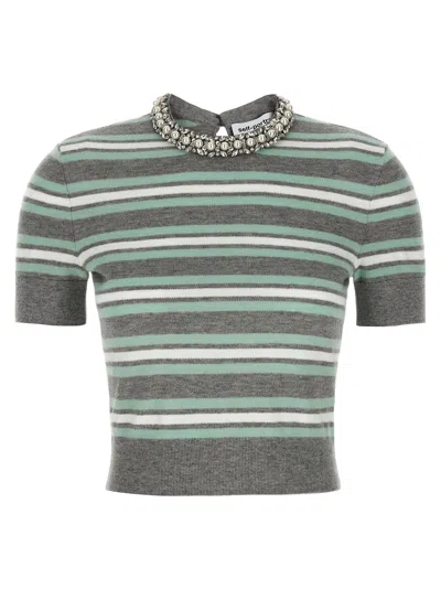 Self-portrait Grey Striped Crystal Trim Knit Sweaters And Cardigans Gray In Gray