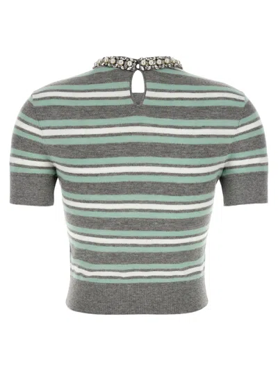 Self-portrait Grey Striped Crystal Trim Knit Sweaters And Cardigans Gray In Gray