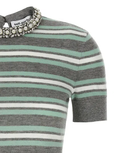 Self-portrait Grey Striped Crystal Trim Knit Sweaters And Cardigans Gray In Gray