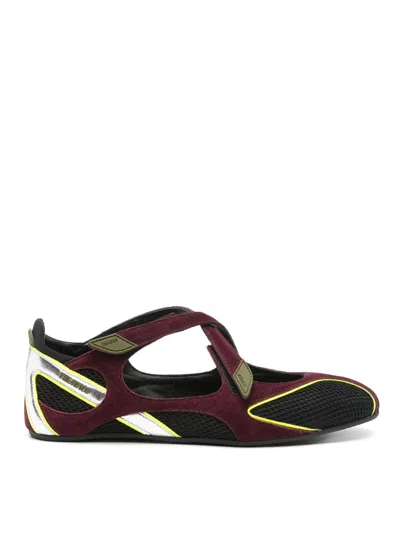 Attico Nomad Bordeaux Ballet Shoes With Criss-crossed Straps And Mesh Panels In Tech Fabric And Suede Woman In Burgundy