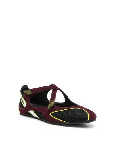 Attico Nomad Bordeaux Ballet Shoes With Criss-crossed Straps And Mesh Panels In Tech Fabric And Suede Woman In Burgundy