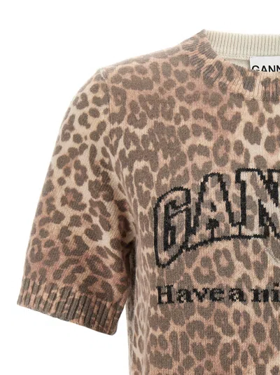 Ganni Leopard Print Wool Mix T-shirt