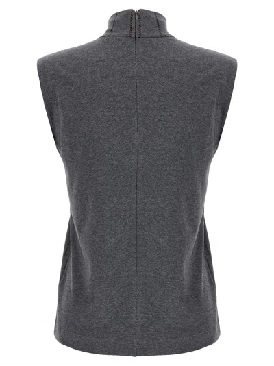 Brunello Cucinelli Sequin High Neck Sleeveless Top With Vertical Stripes In Black
