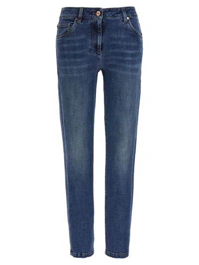 Brunello Cucinelli Embellished Skinny Cotton Jeans With Contrast Stitching