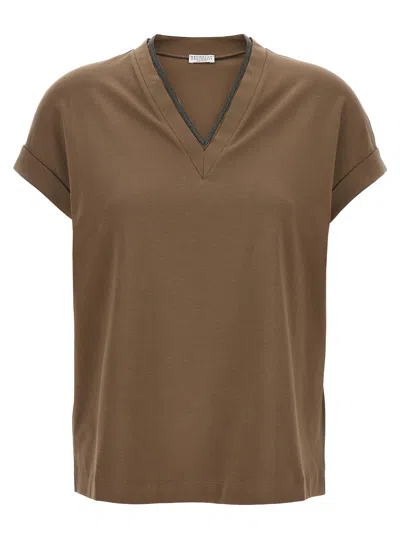 Brunello Cucinelli Rolled Cuffs V-neck Short Sleeve Top In Burgundy