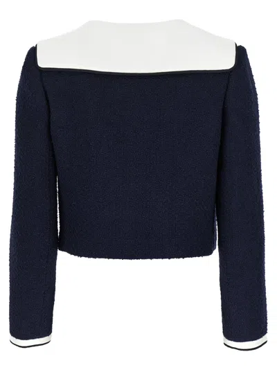 Self-portrait Belted Waist Short Jacket With Stripe Trim In Blue