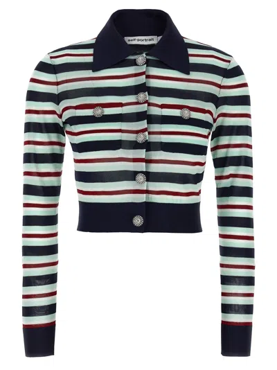 Self-portrait Navy Striped Viscose Knit Sweaters And Cardigans Multicolor In Multi