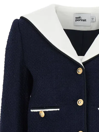 Self-portrait Belted Waist Short Jacket With Stripe Trim In Blue
