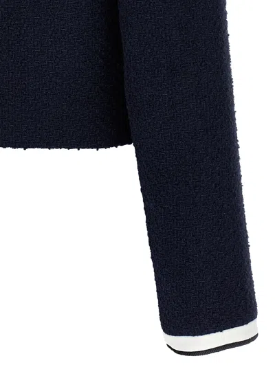 Self-portrait Belted Waist Short Jacket With Stripe Trim In Blue