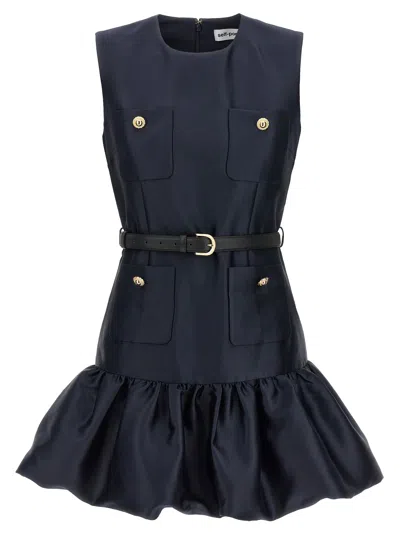 Self-portrait Crew Neck Taffeta Mini Dress With Ruffled Hem In Blue